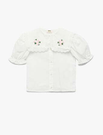 Pamuklu Çiçek İşlemeli Bebe Yaka Balon Kollu Gömlek 