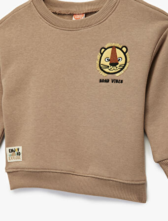 Bisiklet Yaka Uzun Kollu Şardonlu Aslan Baskılı Sweatshirt