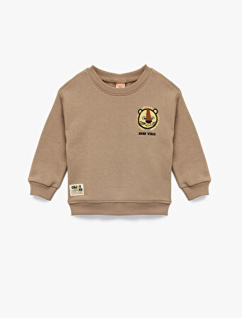Bisiklet Yaka Uzun Kollu Şardonlu Aslan Baskılı Sweatshirt