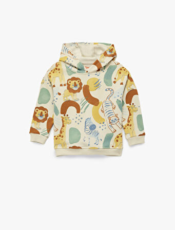 Hayvanlar Baskılı Uzun Kollu Şardonlu Kapşonlu Sweatshirt