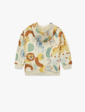 Hayvanlar Baskılı Uzun Kollu Şardonlu Kapşonlu Sweatshirt