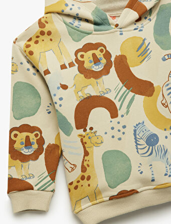 Hayvanlar Baskılı Uzun Kollu Şardonlu Kapşonlu Sweatshirt