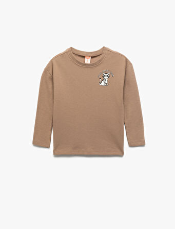 Pamuklu Kedi İşlemeli Bisiklet Yaka Uzun Kollu Tişört