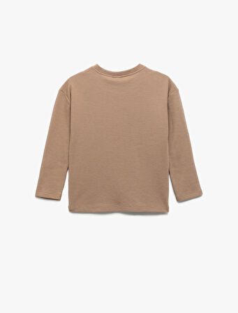 Pamuklu Kedi İşlemeli Bisiklet Yaka Uzun Kollu Tişört