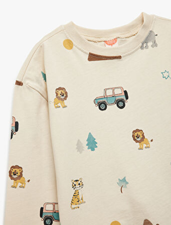 Baskılı Oversize Pamuklu Bisiklet Yaka Uzun Kollu Tişört