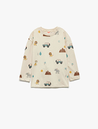 Baskılı Oversize Pamuklu Bisiklet Yaka Uzun Kollu Tişört