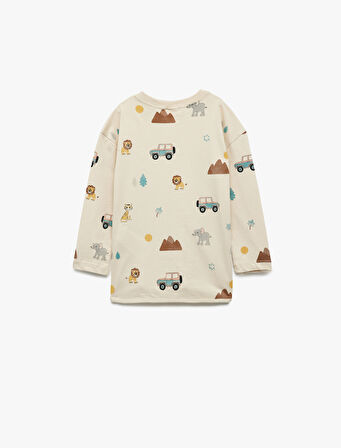 Baskılı Oversize Pamuklu Bisiklet Yaka Uzun Kollu Tişört