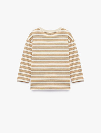 Pamuklu Uzun Kollu Bisiklet Yaka Nakış Detaylı Çizgili Tişört