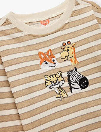 Pamuklu Uzun Kollu Bisiklet Yaka Nakış Detaylı Çizgili Tişört