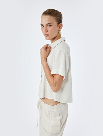 Keten Karışımlı Kısa Kollu Klasik Yaka Crop Gömlek