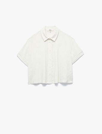 Keten Karışımlı Kısa Kollu Klasik Yaka Crop Gömlek