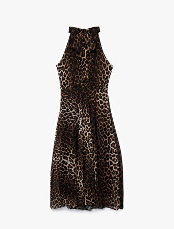 Krep Kumaş Kolsuz Halter Yaka Midi Boy Leopar Desenli Elbise