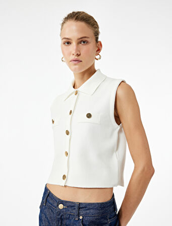 Kolsuz Aplike Detaylı Ceket Yaka Triko Yelek