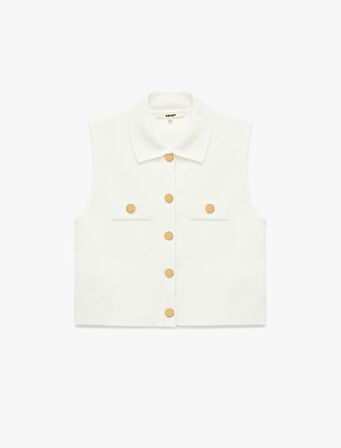 Kolsuz Aplike Detaylı Ceket Yaka Triko Yelek