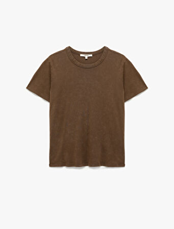 Pamuklu Soluk Efektli Kısa Kollu Bisiklet Yaka Tişört