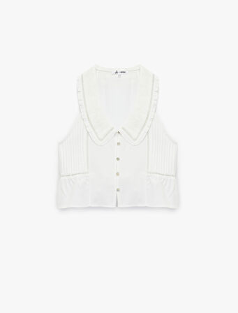 Nakış Detaylı Düğmeli Kolsuz Bebe Yaka Viskon Bluz