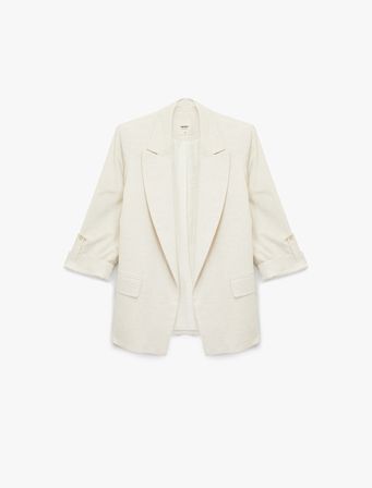 Keten Karışımlı Cepli Kıvırmalı 3/4 Kollu Blazer Ceket