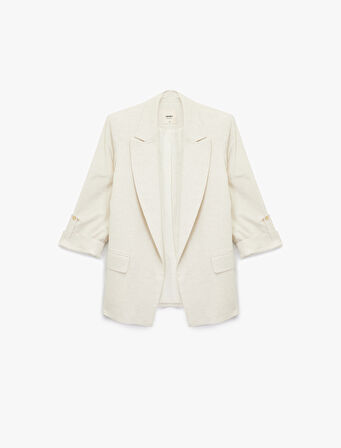 Keten Karışımlı Cepli Kıvırmalı 3/4 Kollu Blazer Ceket