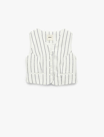 Slim Fit V Yaka Kolsuz Çizgili Crop Yelek