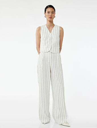 Pileli Çizgili Viskon Karışımlı Geniş Paça Pantolon