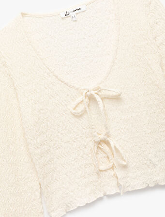 Slim Fit Bürümcük Uzun Kollu V Yaka Bağlama Detaylı Bluz