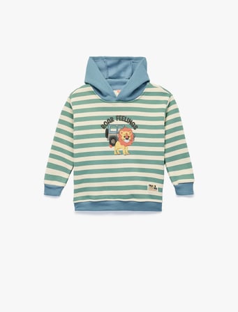 Aslan Baskılı Şardonlu Uzun Kollu Kapşonlu Çizgili Sweatshirt
