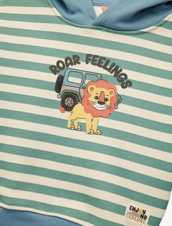 Aslan Baskılı Şardonlu Uzun Kollu Kapşonlu Çizgili Sweatshirt