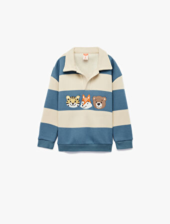 Uzun Kollu Hayvanlar Baskılı Polo Yaka Sweatshirt