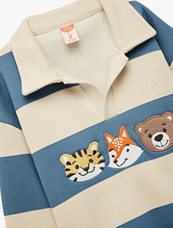 Uzun Kollu Hayvanlar Baskılı Polo Yaka Sweatshirt