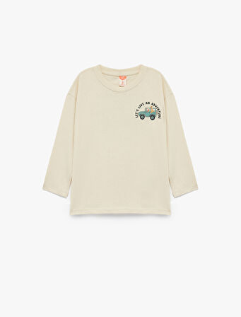 Uzun Kollu Oversize Bisiklet Yaka Baskılı Pamuklu Tişört