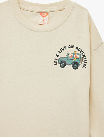 Uzun Kollu Oversize Bisiklet Yaka Baskılı Pamuklu Tişört