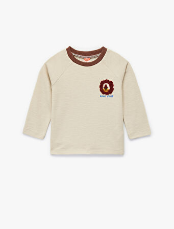 Uzun Kollu Bisiklet Yaka Aslan Nakışlı Pamuklu Tişört