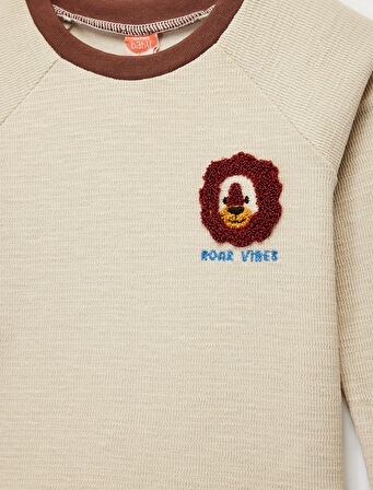 Uzun Kollu Bisiklet Yaka Aslan Nakışlı Pamuklu Tişört