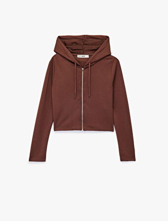 Kapüşonlu Fermuarlı Uzun Kollu Modal Karışımlı Crop Sweatshirt