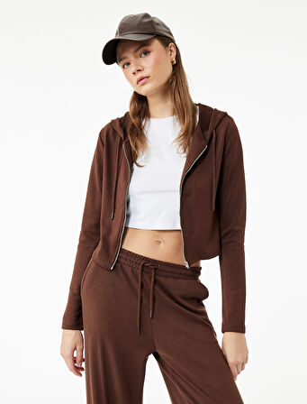 Kapüşonlu Fermuarlı Uzun Kollu Modal Karışımlı Crop Sweatshirt