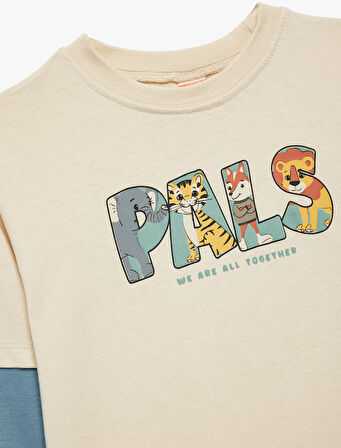 Pamuklu Uzun Çıkma Kol Oversize Bisiklet Yaka Baskılı Tişört