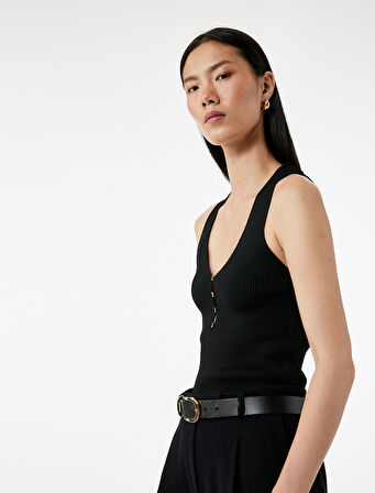 Düğmeli Derin V Yaka Kolsuz Triko Atlet