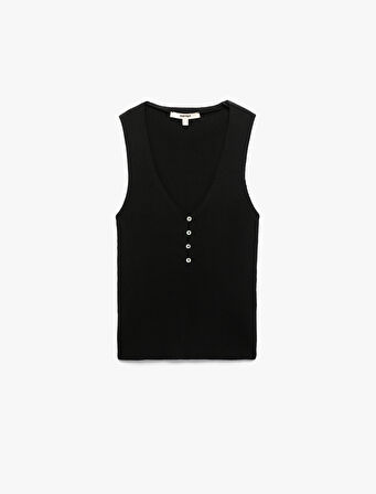 Düğmeli Derin V Yaka Kolsuz Triko Atlet