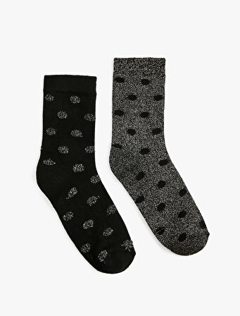 Metalik İplik Detaylı Simli Puantiyeli 2'li Çorap Paketi