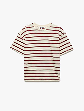 Pamuklu Kısa Kollu Bisiklet Yaka Basic Çizgili Tişört