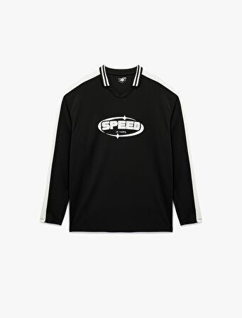 Rahat Kalıp Uzun Kollu Baskılı Polo Yaka Spor Tişört