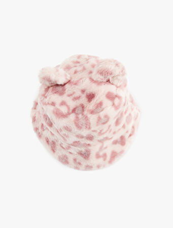 Leopar Desenli  Kulak Aplikeli Peluş Bucket Şapka