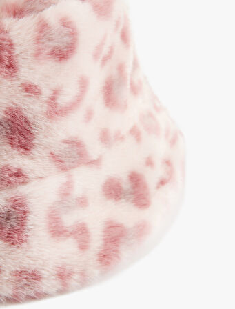 Leopar Desenli  Kulak Aplikeli Peluş Bucket Şapka