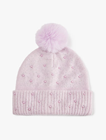 Boncuk Detaylı Katlı Ponponlu Bere