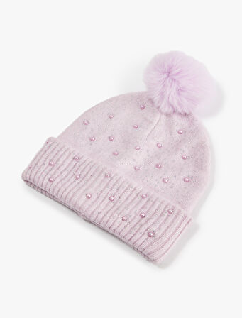 Boncuk Detaylı Katlı Ponponlu Bere