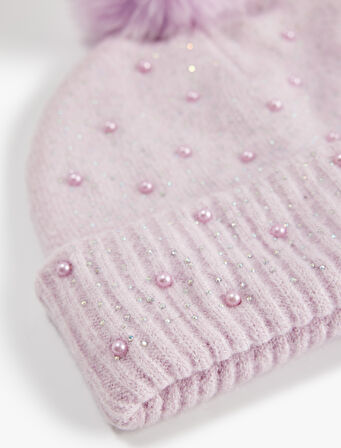 Boncuk Detaylı Katlı Ponponlu Bere