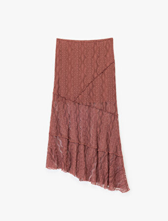 Yarı Transparan Asimetrik Kesim Midi Dantel Etek