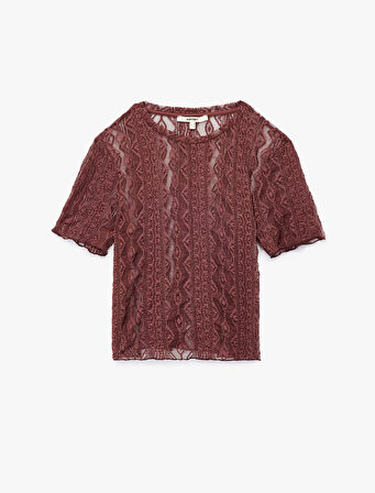 Yarı Transparan Kısa Kollu Bisiklet Yaka Dantel Tişört