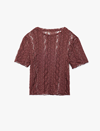 Yarı Transparan Kısa Kollu Bisiklet Yaka Dantel Tişört