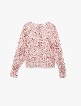 Uzun Kollu Bağlamalı Yaka Etnik Desenli Gömlek